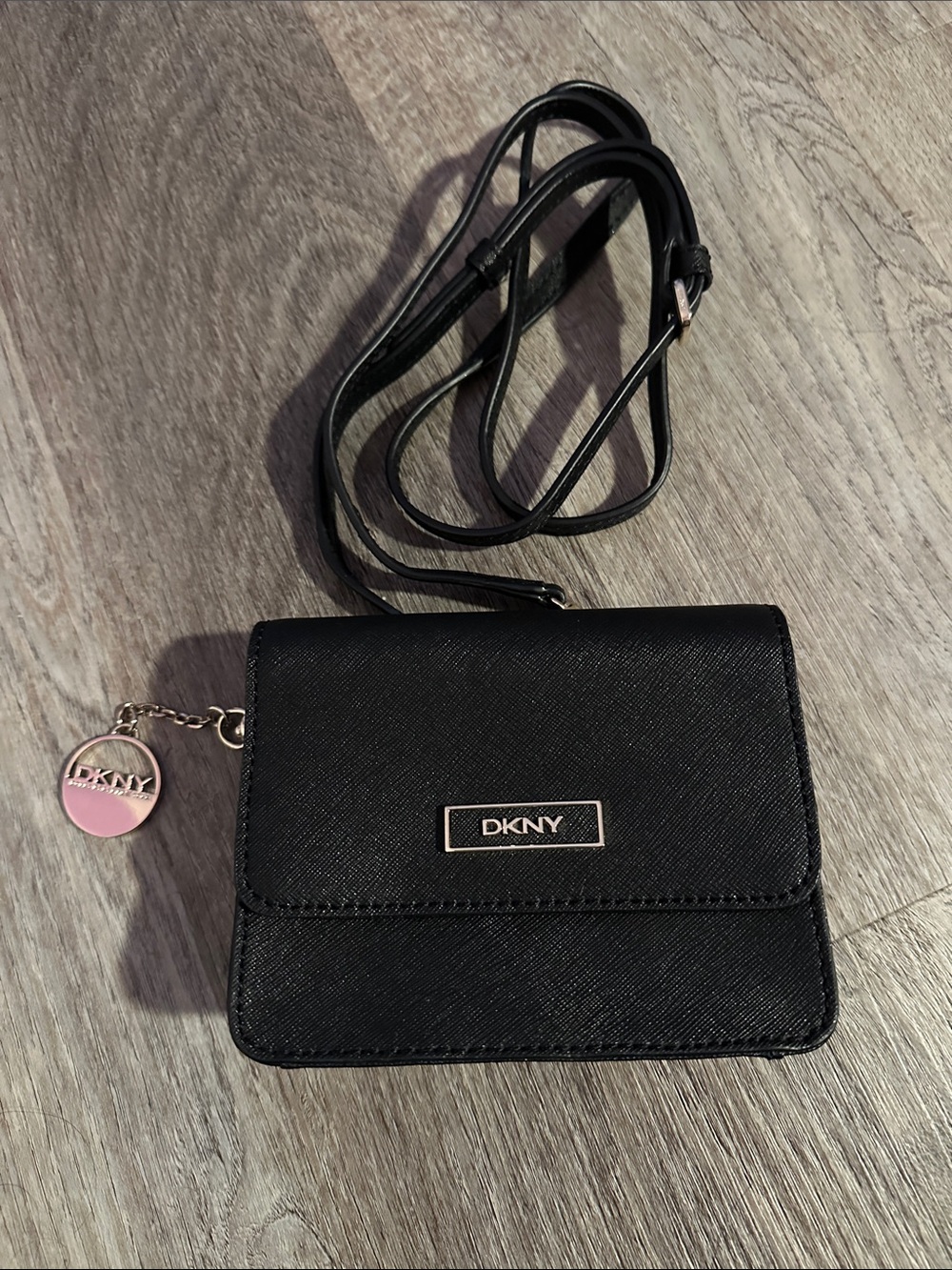 DKNY Black Compact Crossbody Wallet with Logo Charm